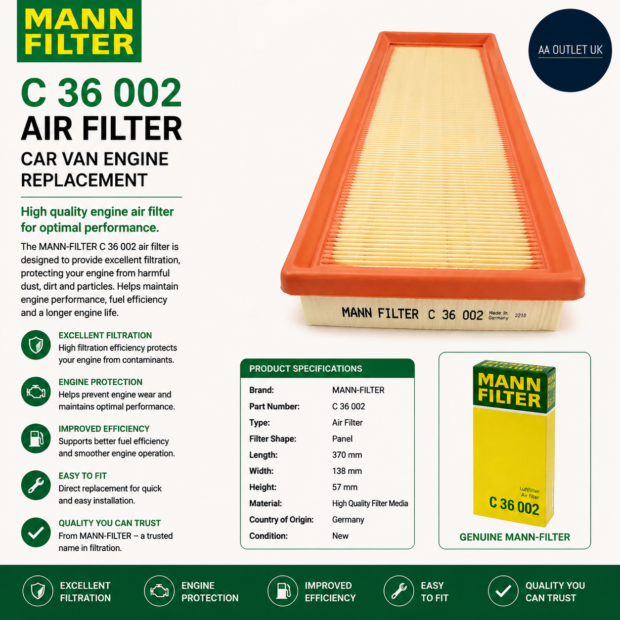 MANN FILTER C 36 002 Air Filter Car Van Engine Replacement Vehicle Part Design