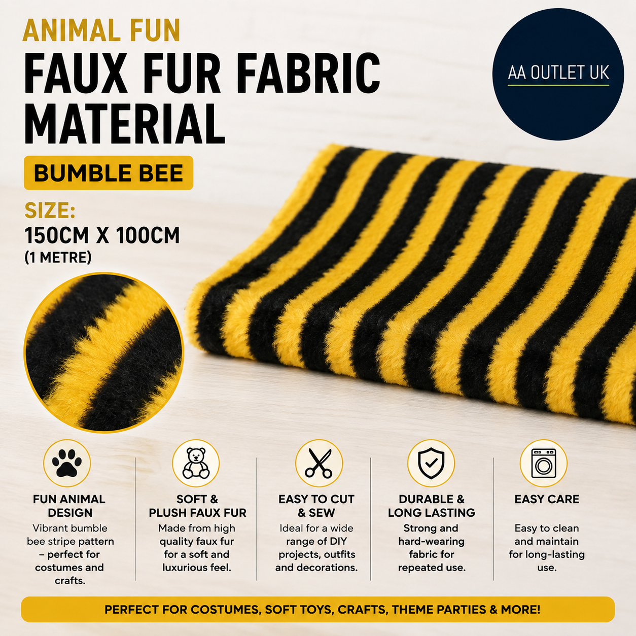 Animal Fun Faux Fur Fabric Material Bumble BEE 1m 150x100cm