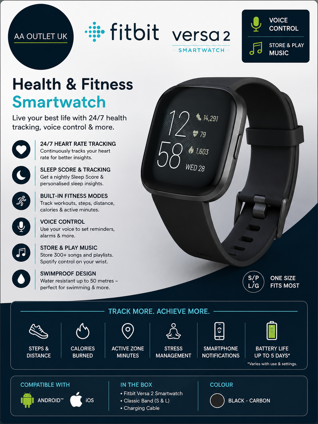 Fitbit Versa 2 Health Fitness Smartwatch Voice Control Sleep Score Music Black