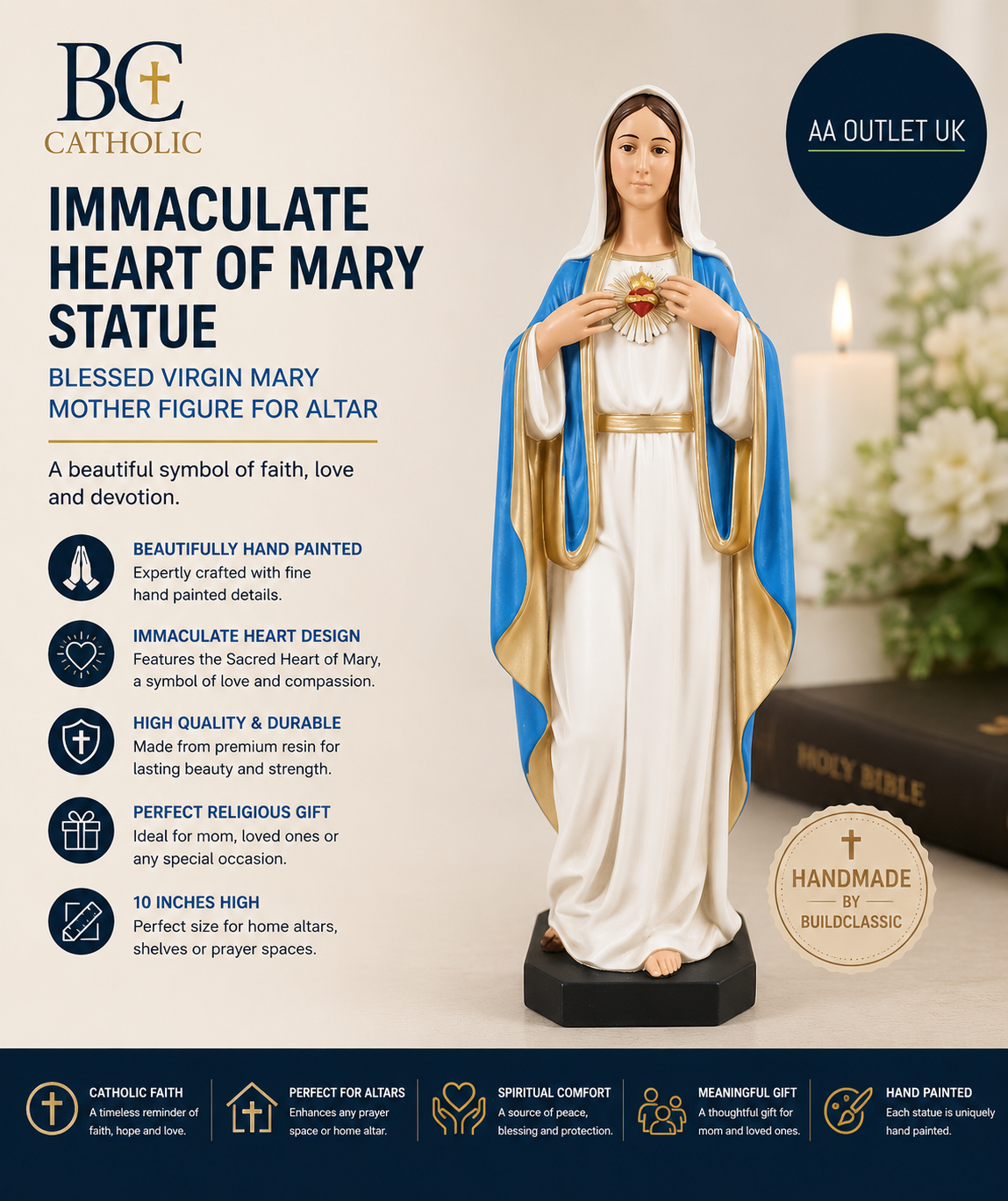 BC Catholic Immaculate Heart Mary Statue Blessed Virgin Mary Mother Altar