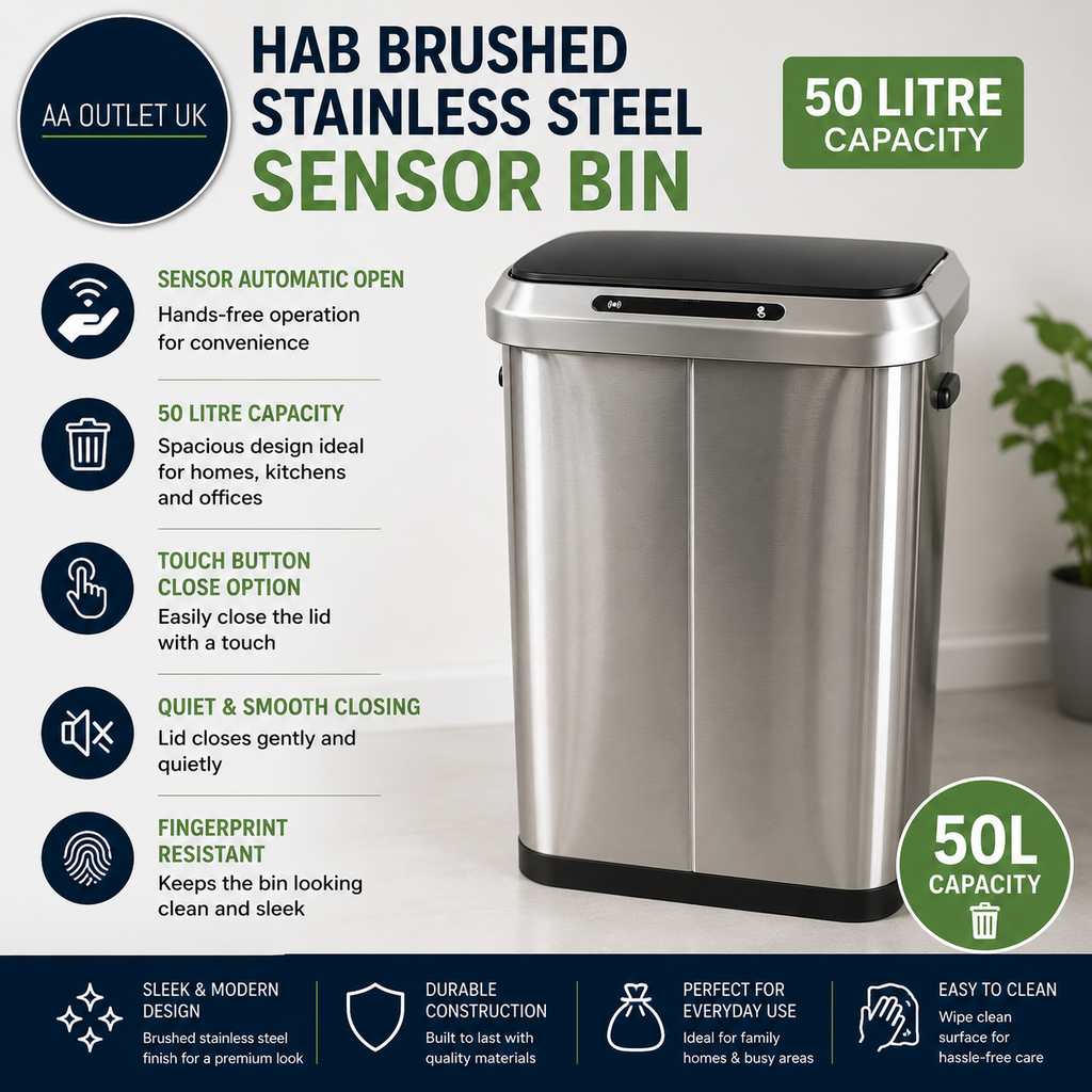 Habitat 50 Litre Brushed Stainless Steel Sensor Bin 62.9x43.2x27.9 Removable Lid
