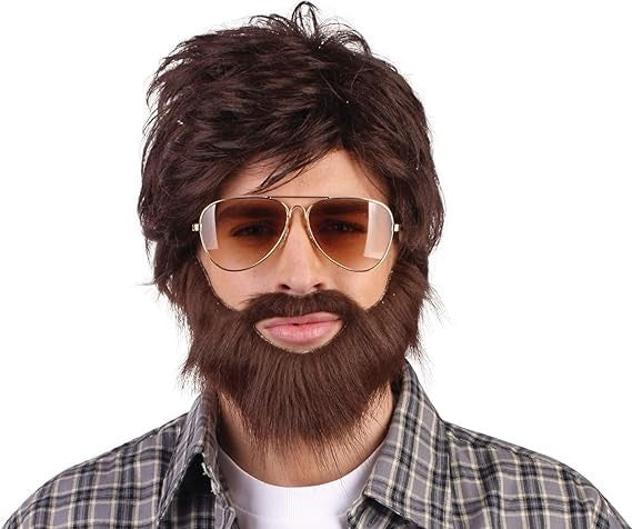 Mens Brown Hangover Wig Beard Moustache Kit Film Stag Do Party Fancy Dress New