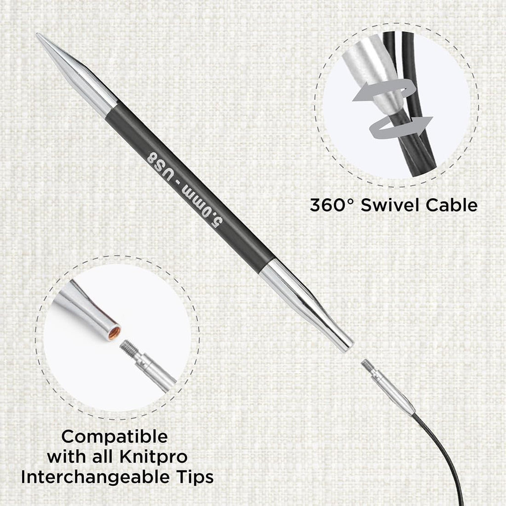 Knitpro Mindful Collection Stainless Steel Black Silver 50in Swivel Cable New