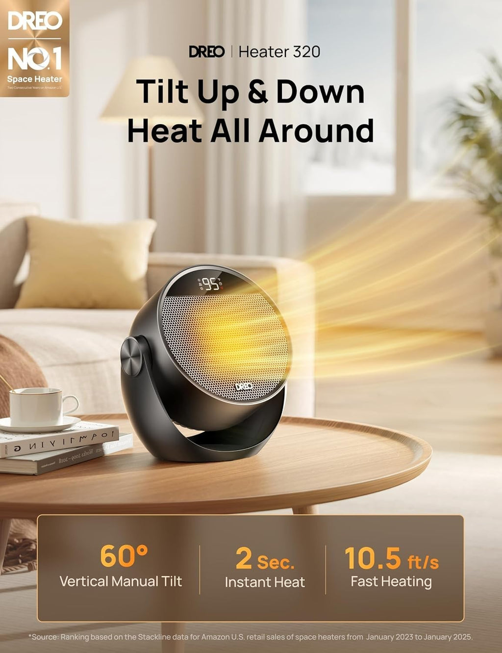 Dreo 1500W Portable Electric Heater Home 60 Adjustable Tilt Black New