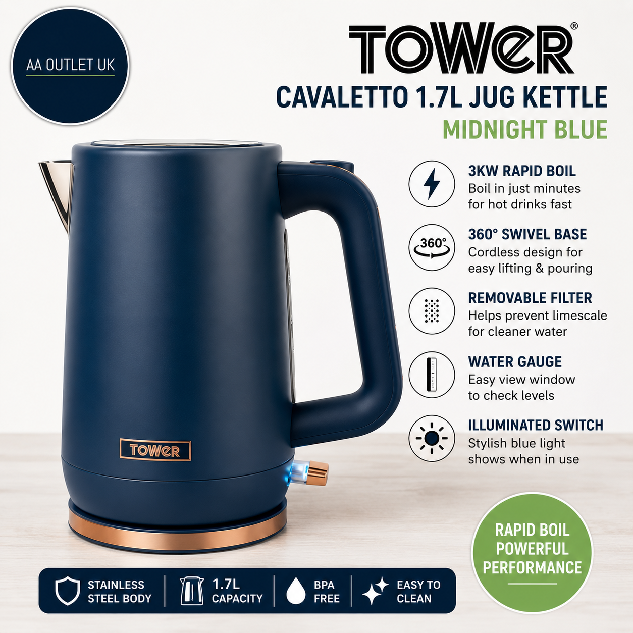 Tower Cavaletto 1.7L Jug Kettle 3KW Rapid Boil 360 Swivel Base Removable Filter
