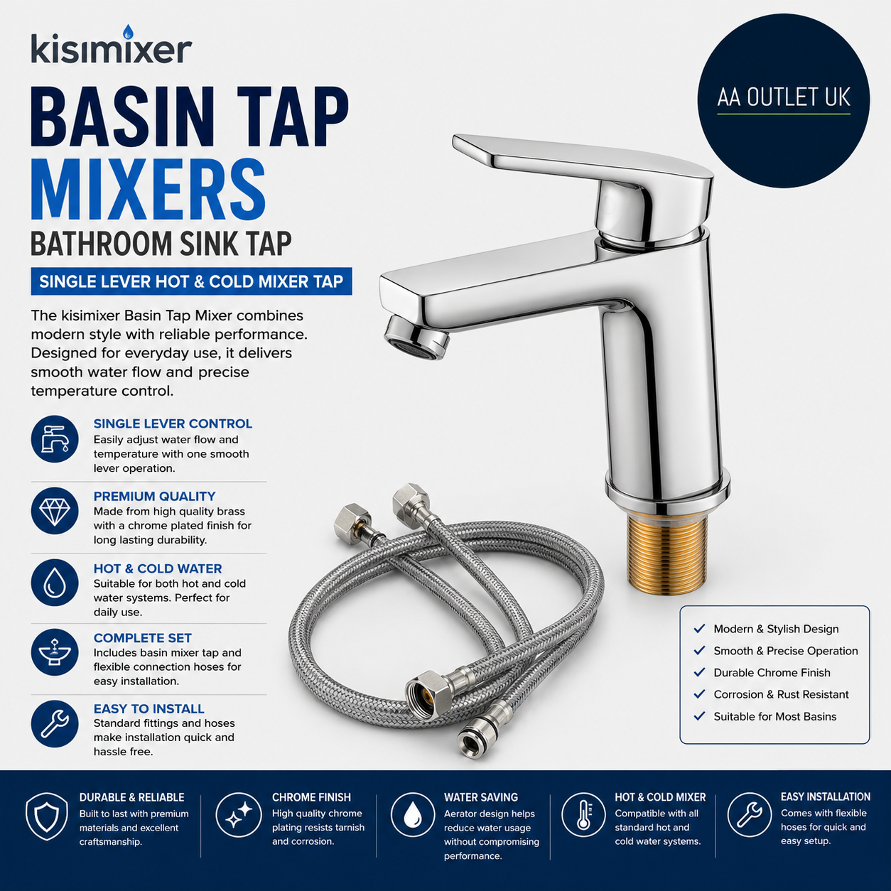 Kisimixer Basin Tap Mixers Bathroom Sink Tap Single Lever Hoses Hot N Cold