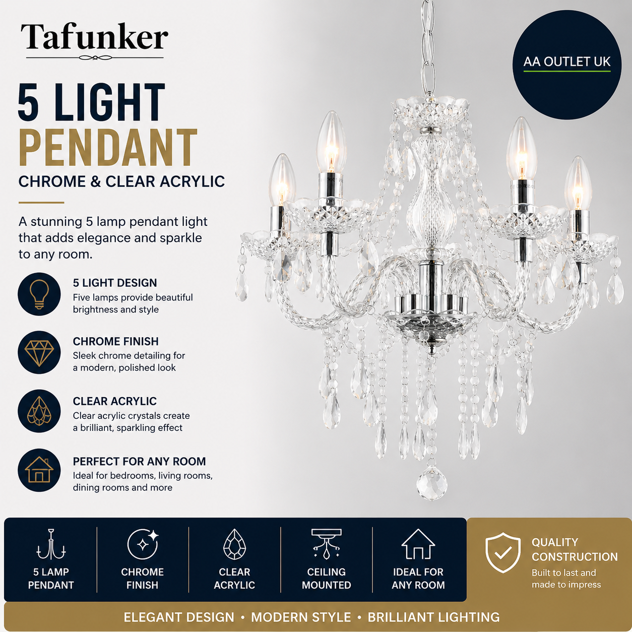 Tafunker 5 Light Chandelier Lamp Pendant Chrome Clear Acrylic Ceiling Light