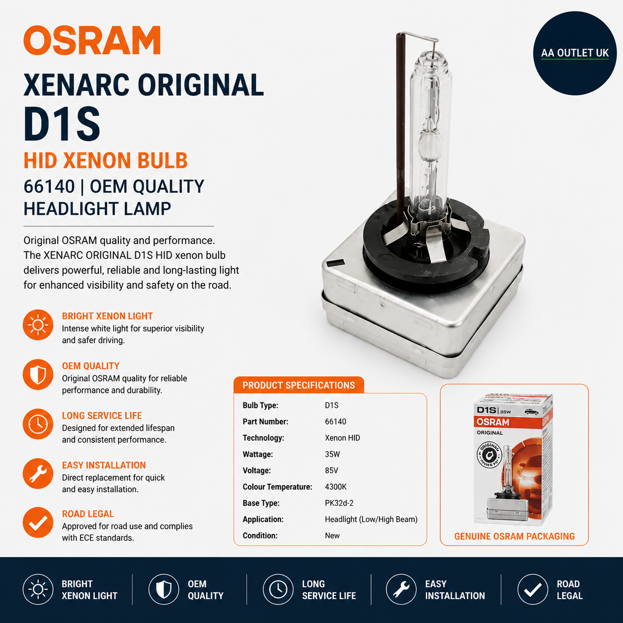 OSRAM XENARC ORIGINAL D1S HID Xenon Bulb 66140 OEM Quality Headlight Lamp