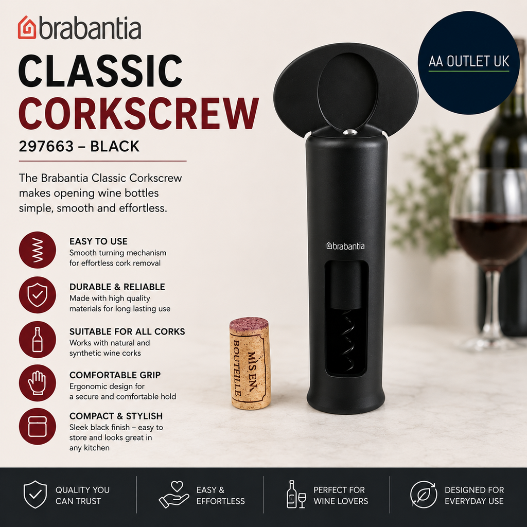 Brabantia Classic Spiral Corkscrew Black XL Turning Handle Strong Grip