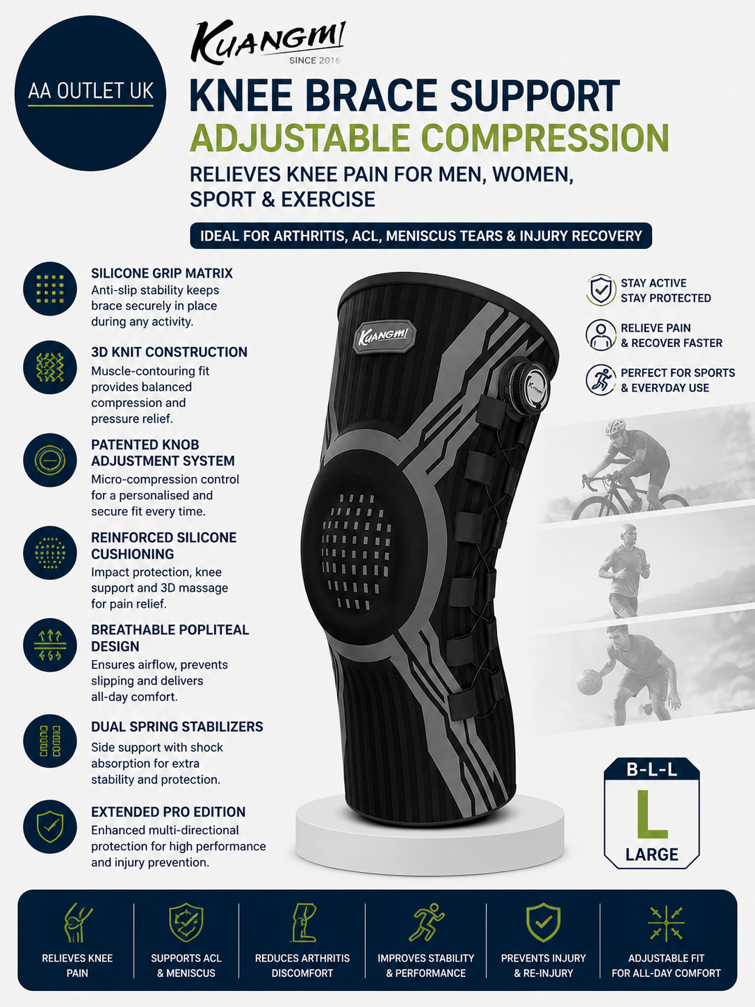 Kuangmi Knee Brace Support Adjustable Compression Arthritis ACL Meniscus Large