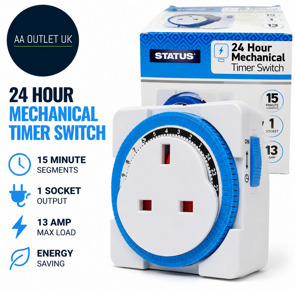 Status S24HRSQT4 Timer Switch Square 24 Hour Segment Light White UK Plug
