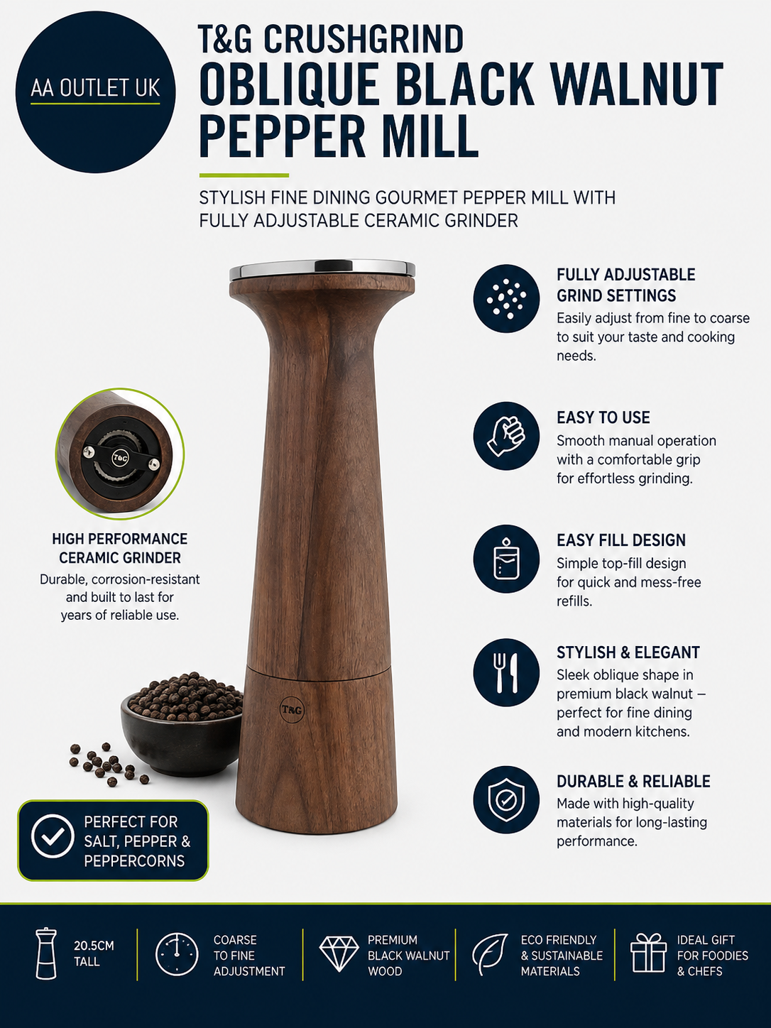 T&G CrushGrind Oblique Black Walnut Pepper Peppercorn Mill 20.5cm Stylish Fine
