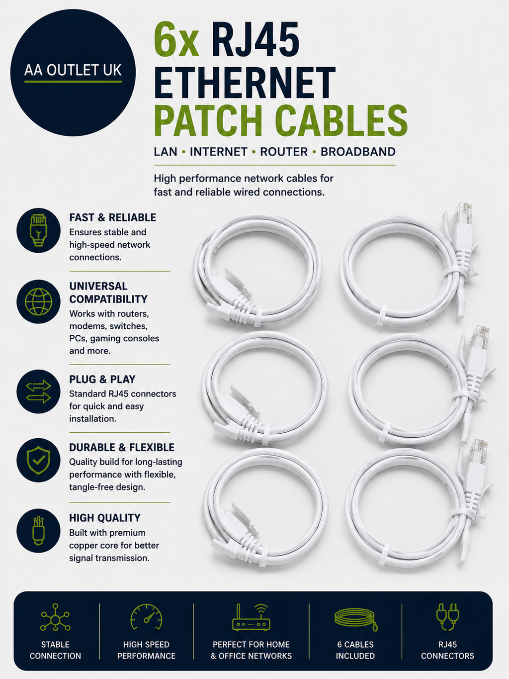 6x RJ45 Ethernet Network Patch Cables LAN Internet Router Broadband Leads New
