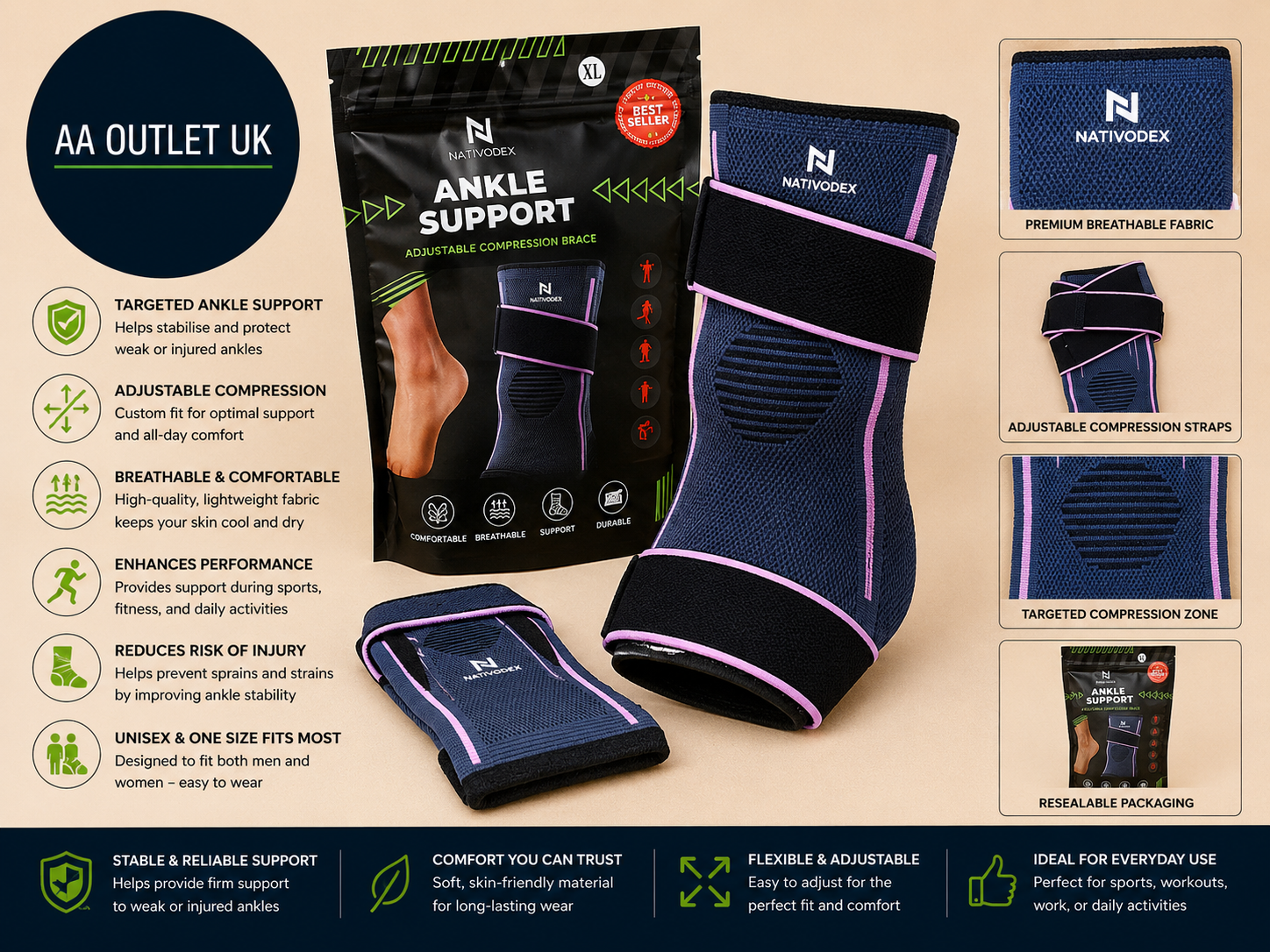 NativoDex Ankle Support Brace Adjustable Compression Sprains Support Design
