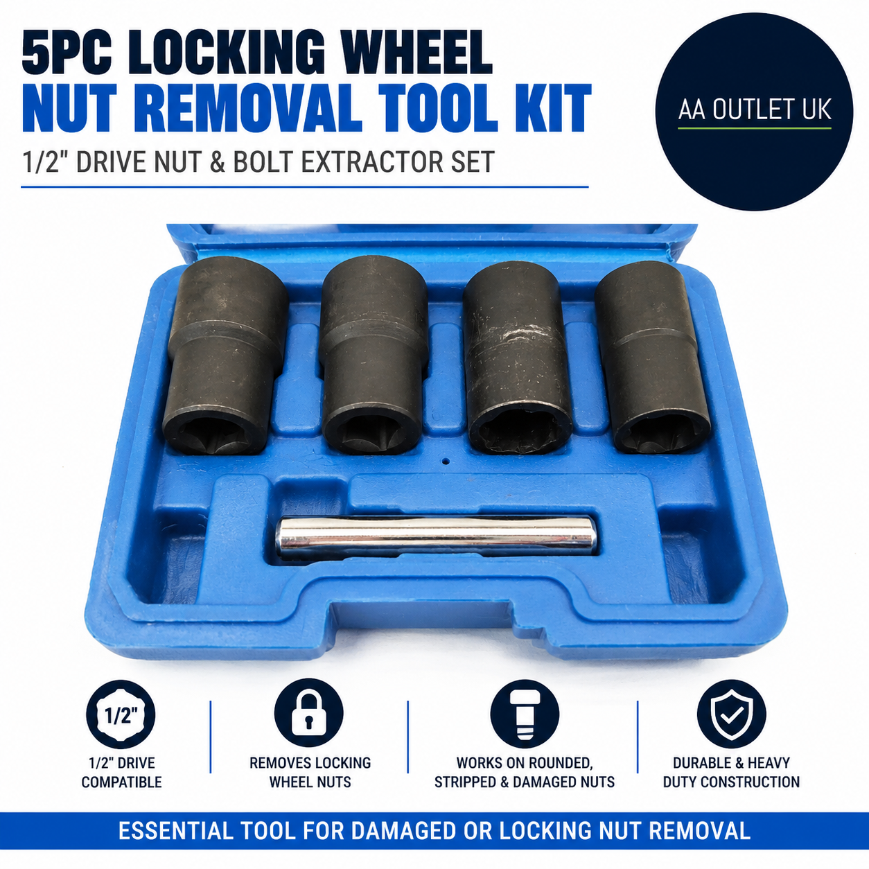 Orion Motor Tech 5pc Locking Wheel Nut Removal Tool Kit 1/2in Drive Nut Set