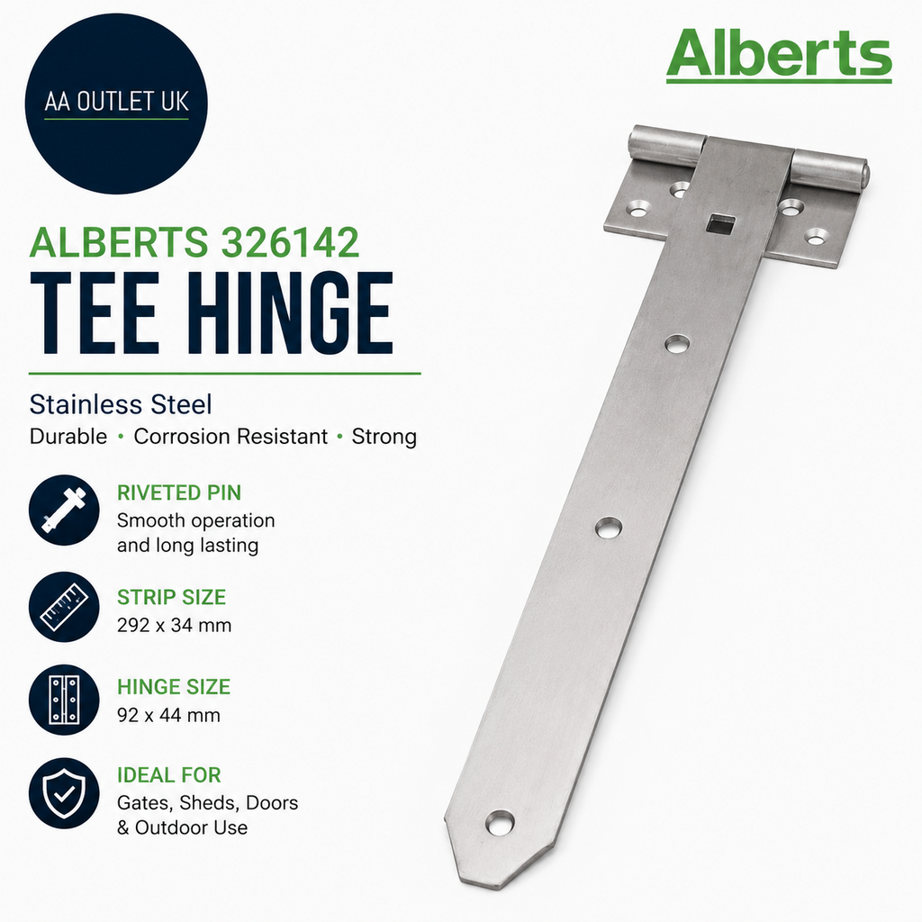 Alberts 326142 Tee Hinge Riveted Pin Stainless Steel Strip 292x34mm