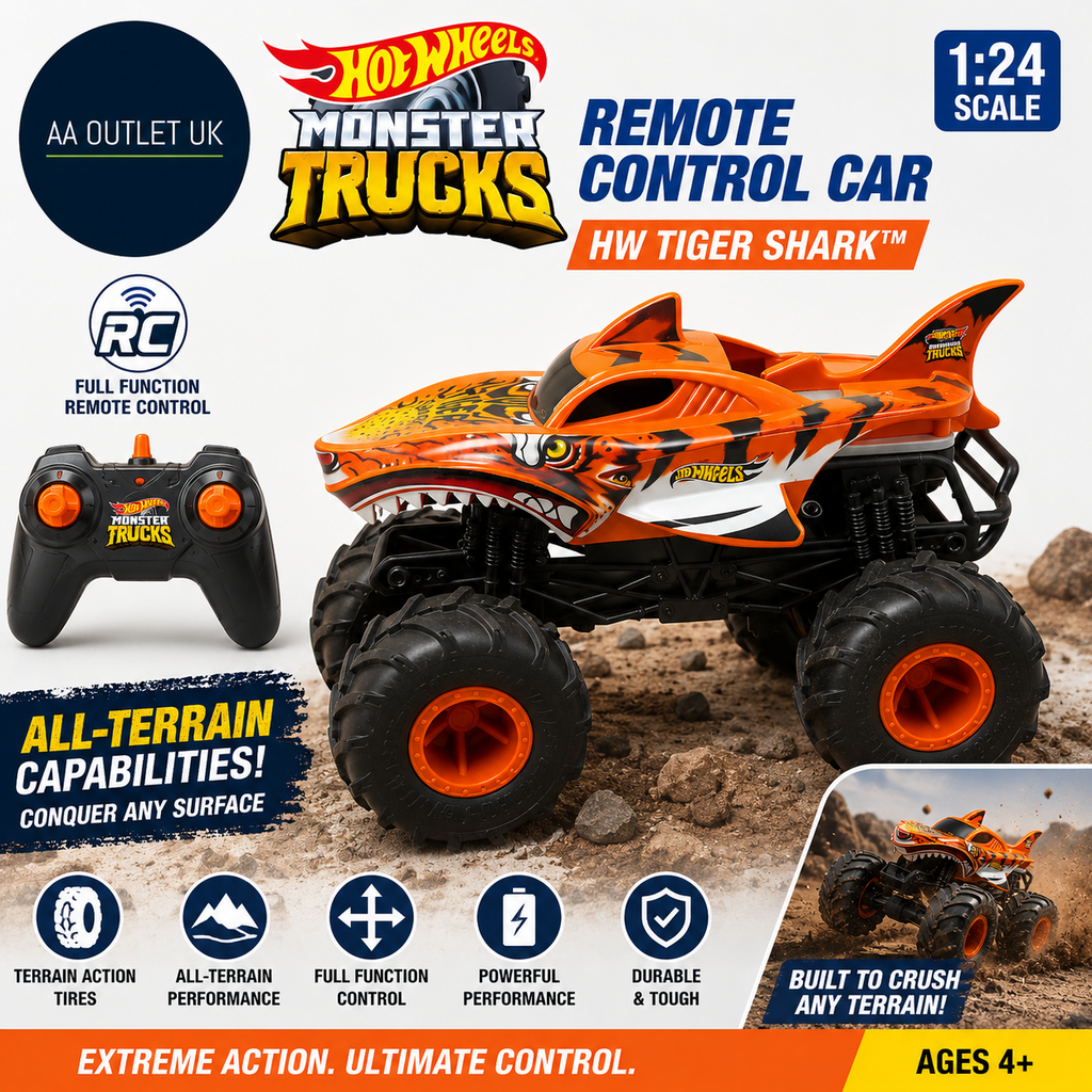 Hot Wheels Monster Trucks Remote Control Car HW Tiger Shark 1:24 Scale HNV03 4+
