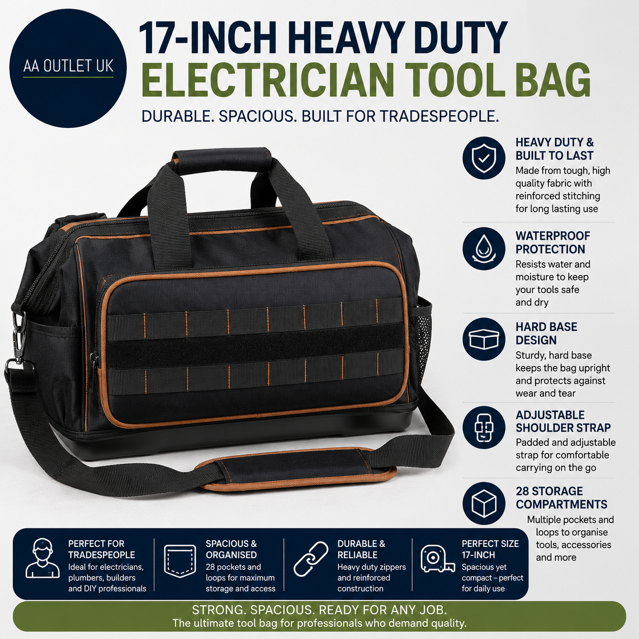 17Inch Heavy Duty Electrician Tool Bag Durable Reinforced Stitching Waterproof