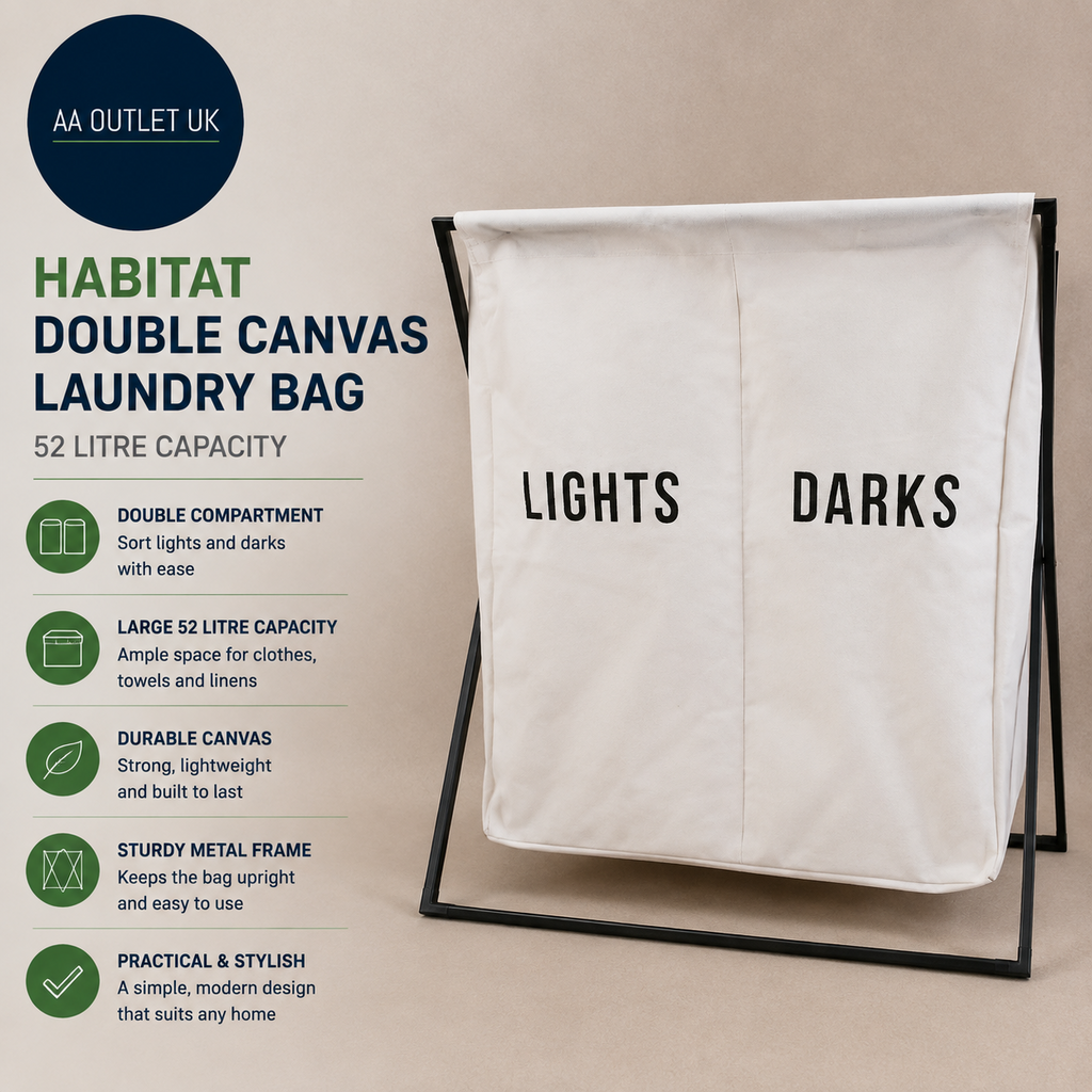Habitat White 52 Litre Double Canvas Laundry Bag Clothes Hamper Storage Design