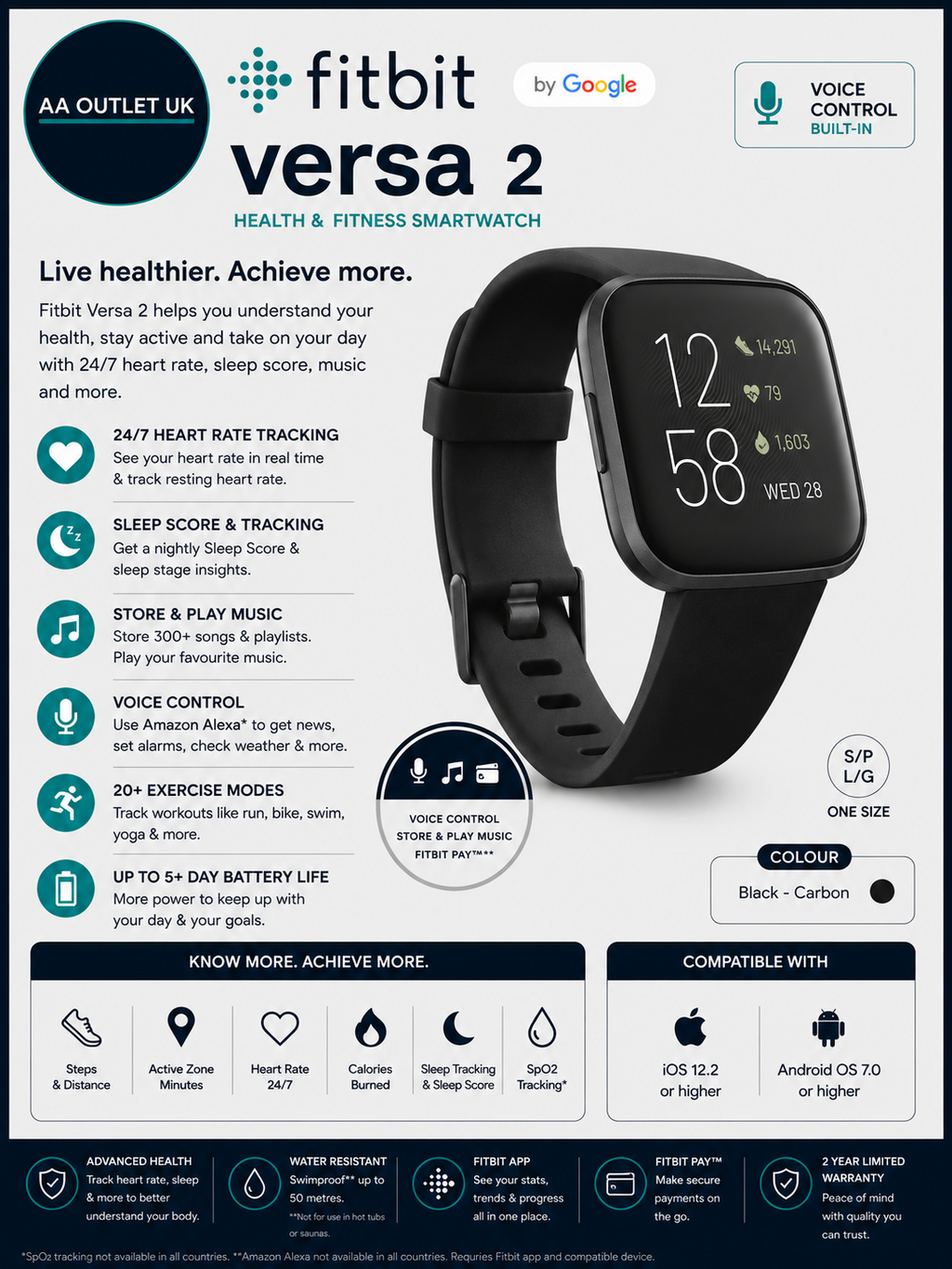 Fitbit Versa 2 Health Fitness Smartwatch Voice Control Sleep Score Music