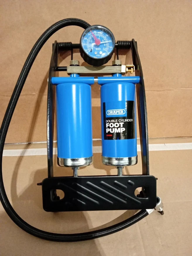 Draper 25996 Double Cylinder Foot Pump Pressure Gauge Car Bike Inflator Blue New