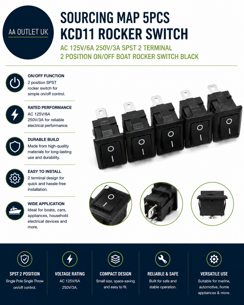 Sourcing Map 5pc KCD11 AC 125V 6A 250V 3A SPST 2 Terminal 2 Position On Off New