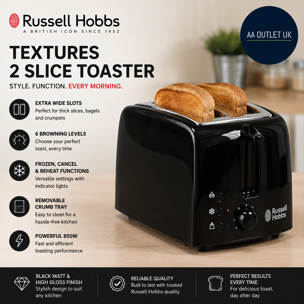 Russell Hobbs Textures 2 Slice Toaster Extra Wide Slots 6 Browning levels