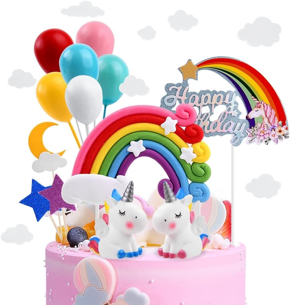Osdue 21pcs Unicorn Cake Toppers Rainbow Party Decorations Kit 16x3.8cm New