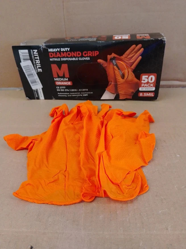 PRAIMA Orange Nitrile Mechanic Gloves Diamond Grip Powder Free Medium Design New