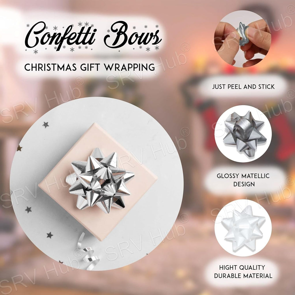 12 Piece Large Gift Wrapping Bows 7cm Silver White Self Adhesive Christmas New