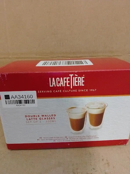 La Cafetia Double Walled Glass Latte Mugs Set 2 Heat Resistant 300ml New