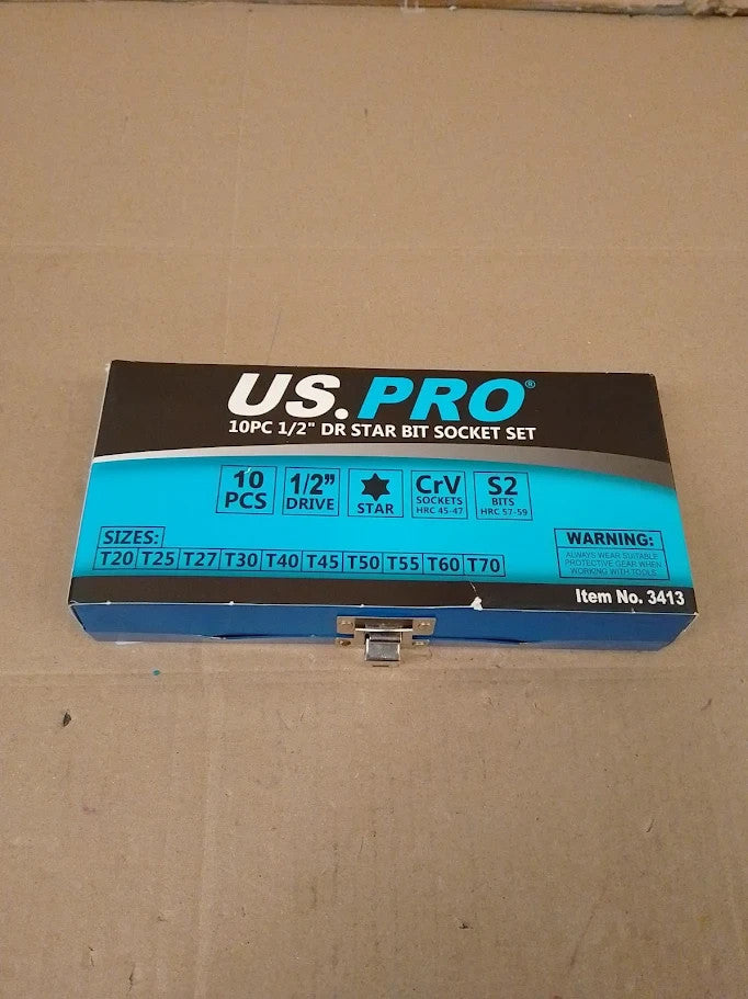 US Pro Tools 9pc 1/2in Dr Torx Bit Socket Set T20 T70 3413 Gemalt New