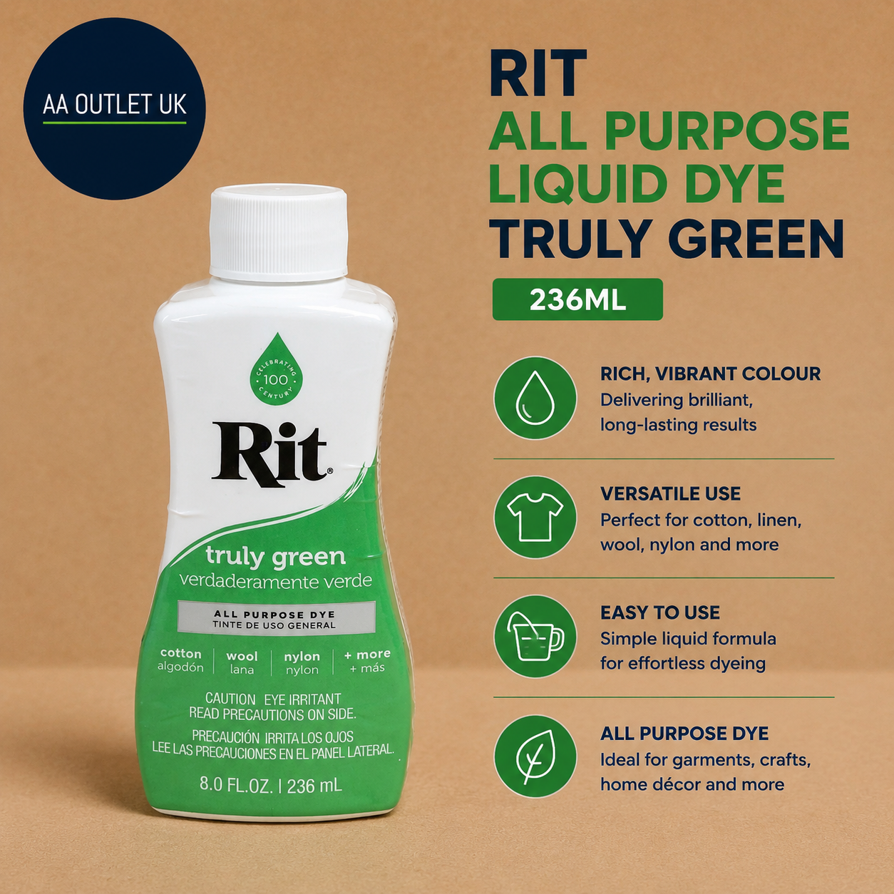 Rit All Purpose Liquid Dye Truly Green 236ml Cotton Nylon Wool Fabric