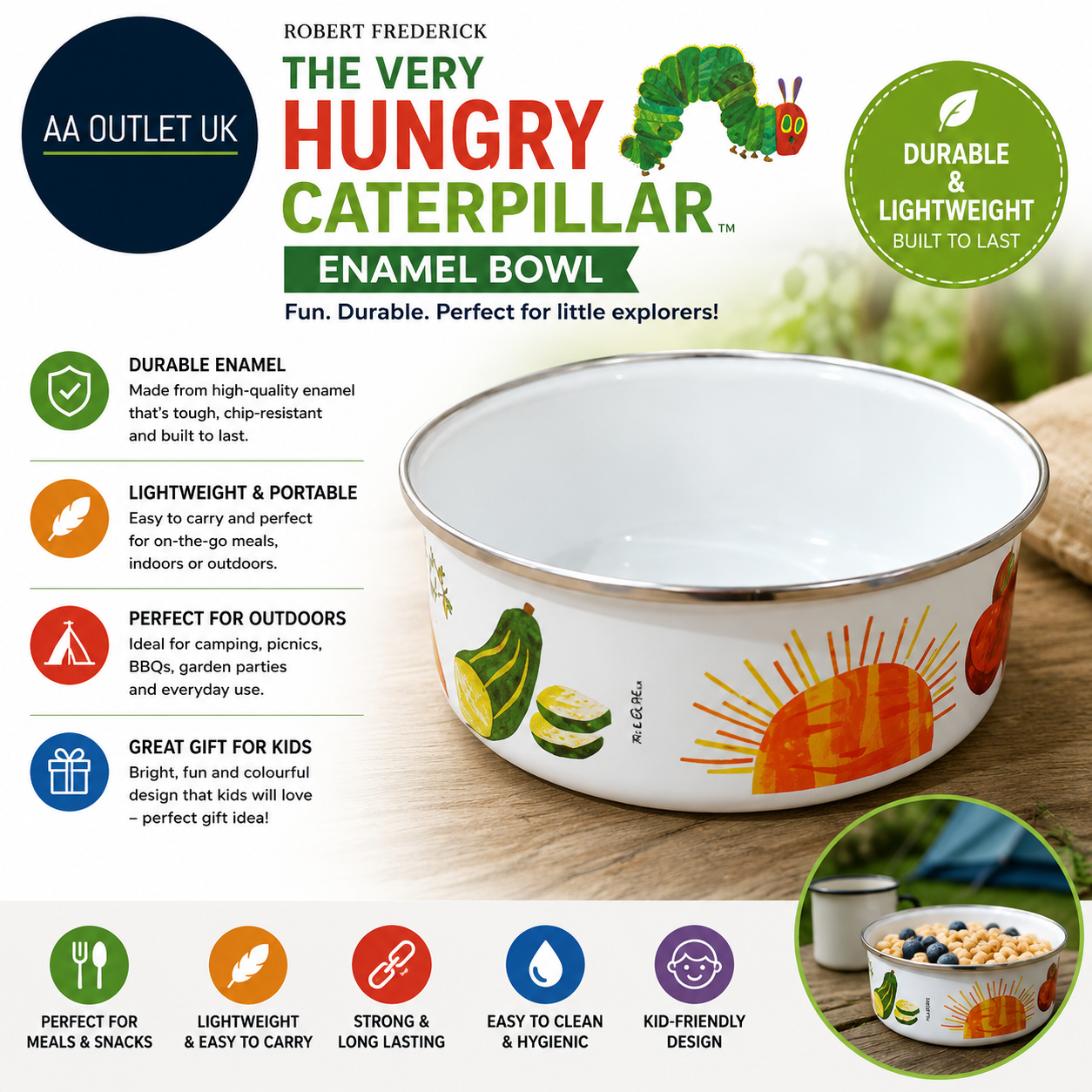 Robert Frederick The Very Hungry Caterpillar Enamel Bowl Durable Lightweight
