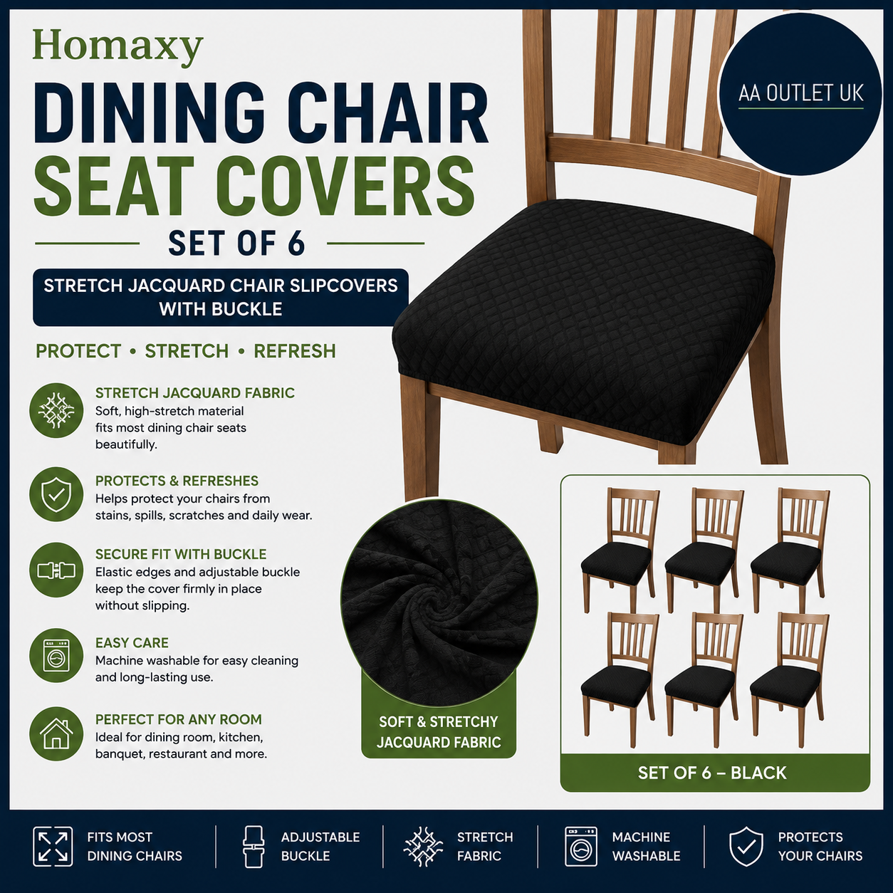 Homaxy Dining Chair Seat Covers Set Of 6 Stretch Jacquard Black 45x45x5cm