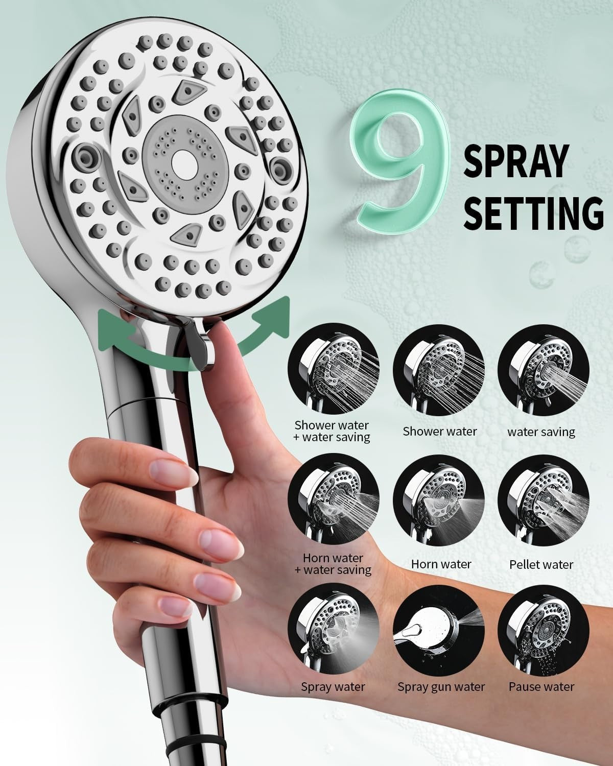 Filtered Shower Head Hose High Pressure 9 Spray Hard Water Chrome 2 Filters New
