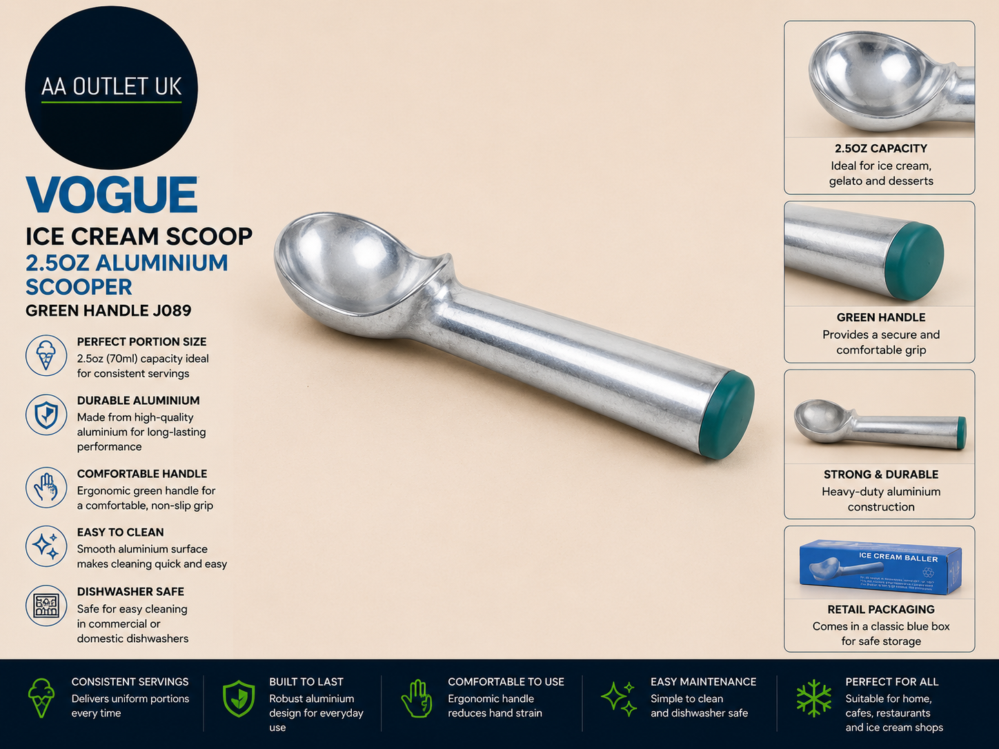 Vogue Ice Cream Scoop 2.5oz Durable Aluminium Scooper Green Handle J089 Design