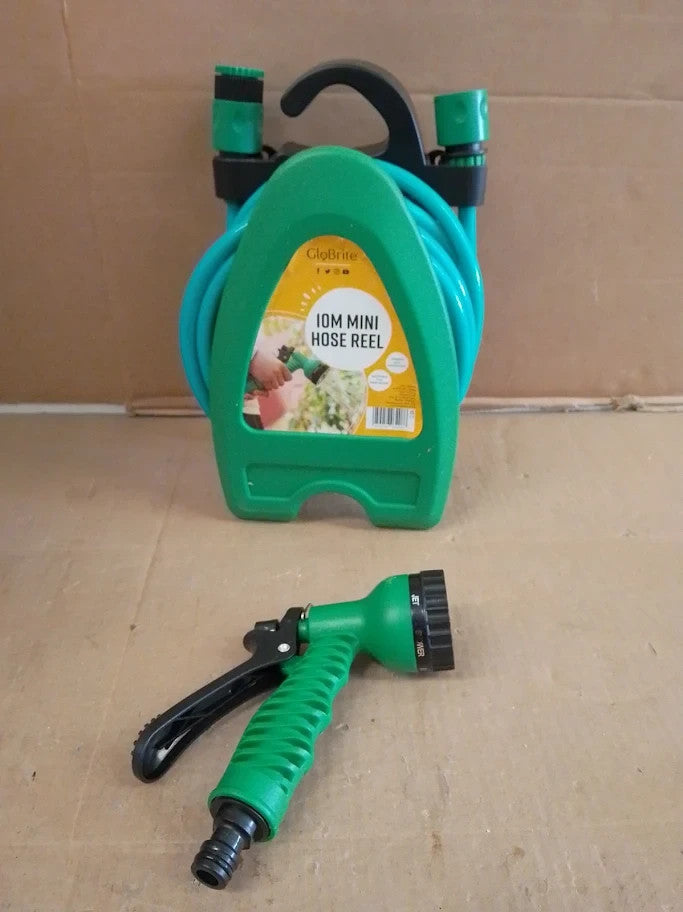GloBrite Mini Hose Reel With 10m 32ft Garden Pipe Spray Gun Adjustable Nozzle