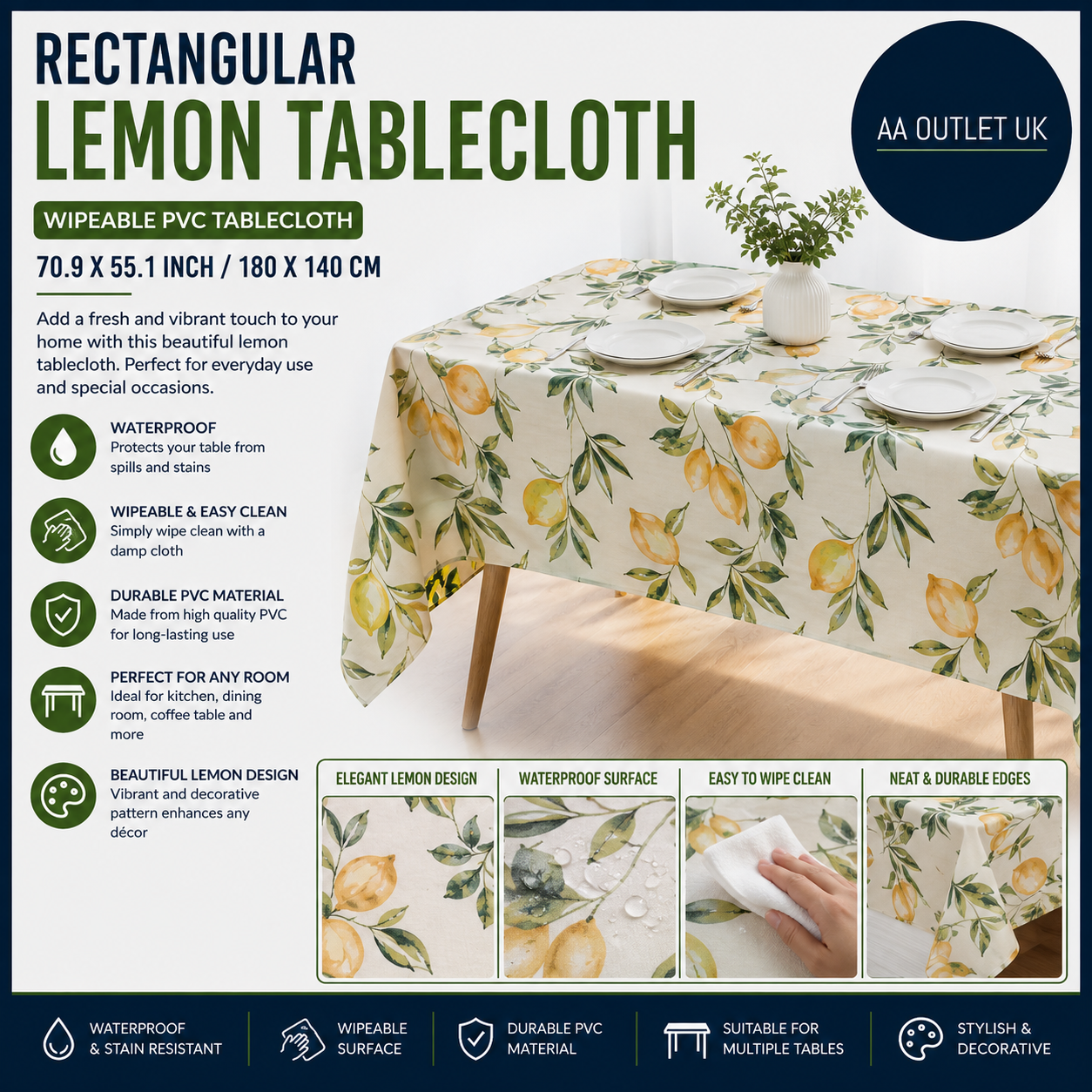 Rectangular Lemon Tablecloth 70.9x55.1in Wipeable PVC Waterproof Table Cover