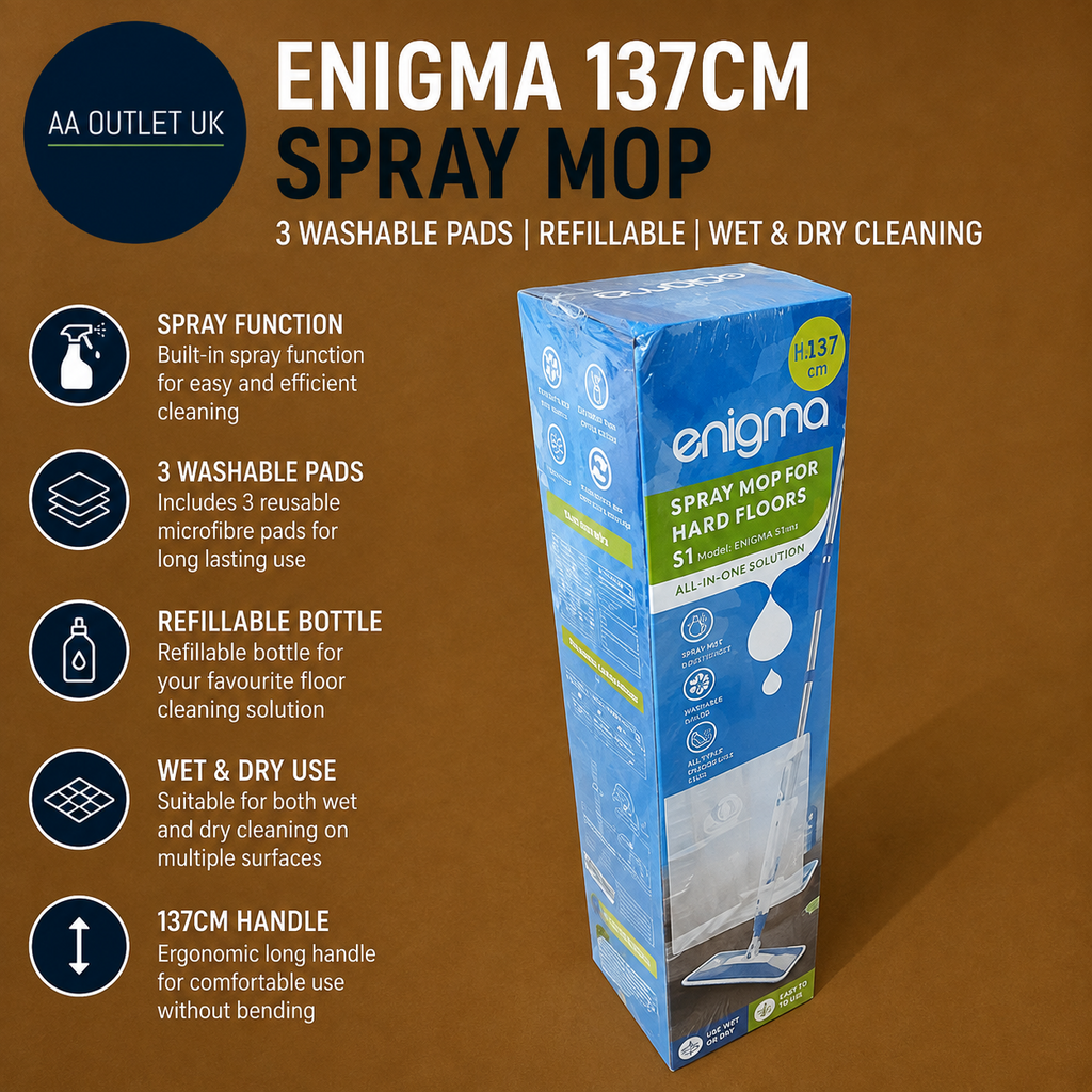 Enigma 137cm Spray Mop 3 Washable Pads Refillable Floor Cleaner Wet Dry New