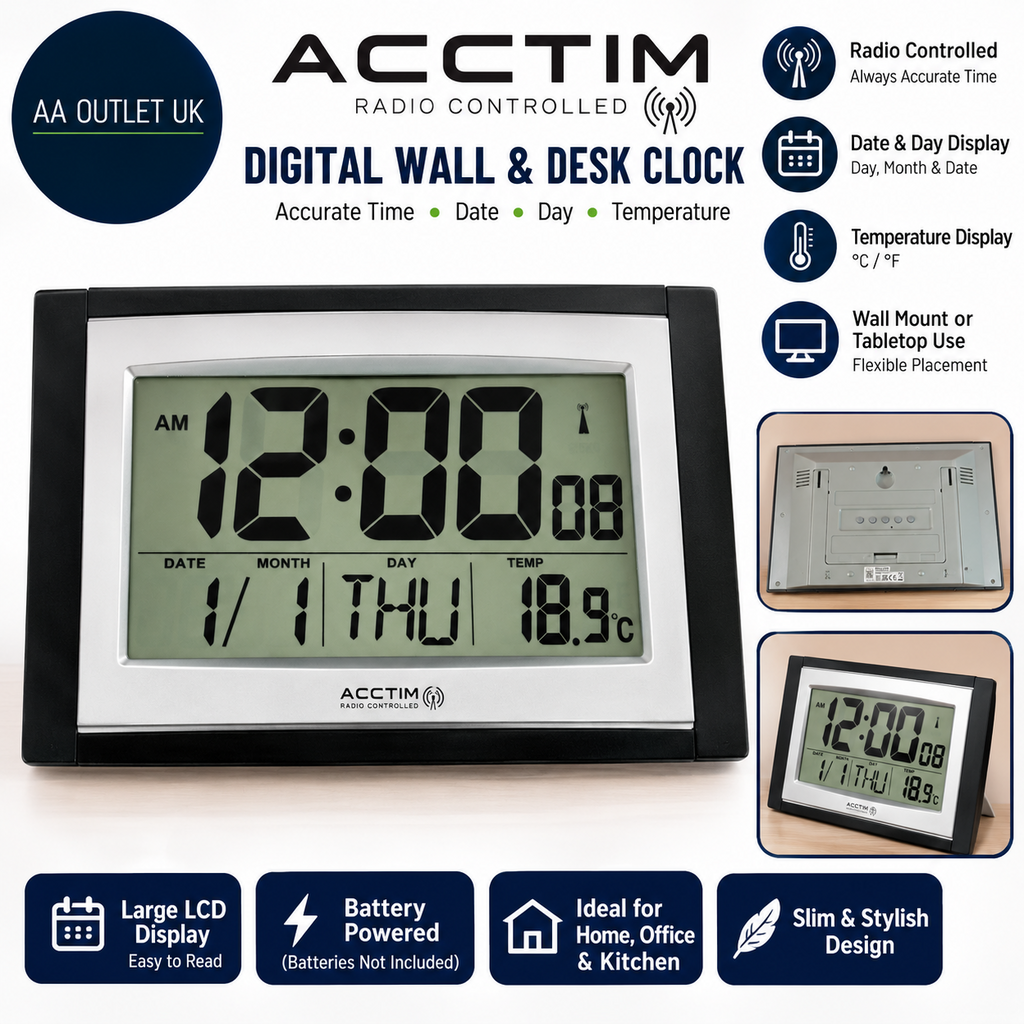 Acctim Stratus Radio Controlled Digital Wall Desk Clock LCD Display Temperature