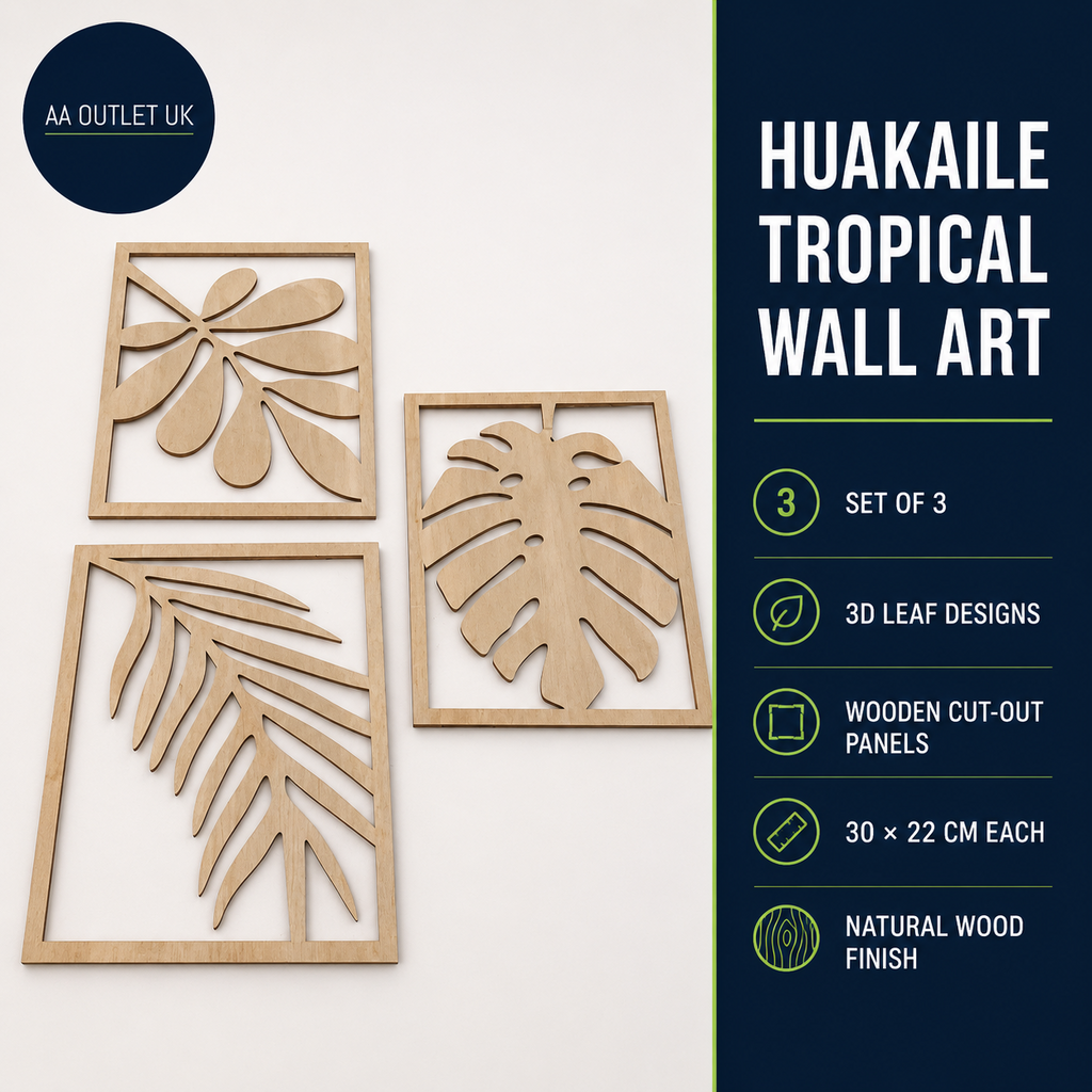 Huakaile 3pc 30x22cm Tropical Wall Art Decor 3D Leaf Wooden Carved Dark Brown