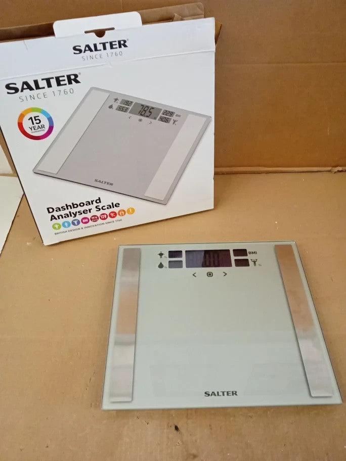 Salter Compact Glass Body Dashboard Analyser Bathroom Scale Wide Silver