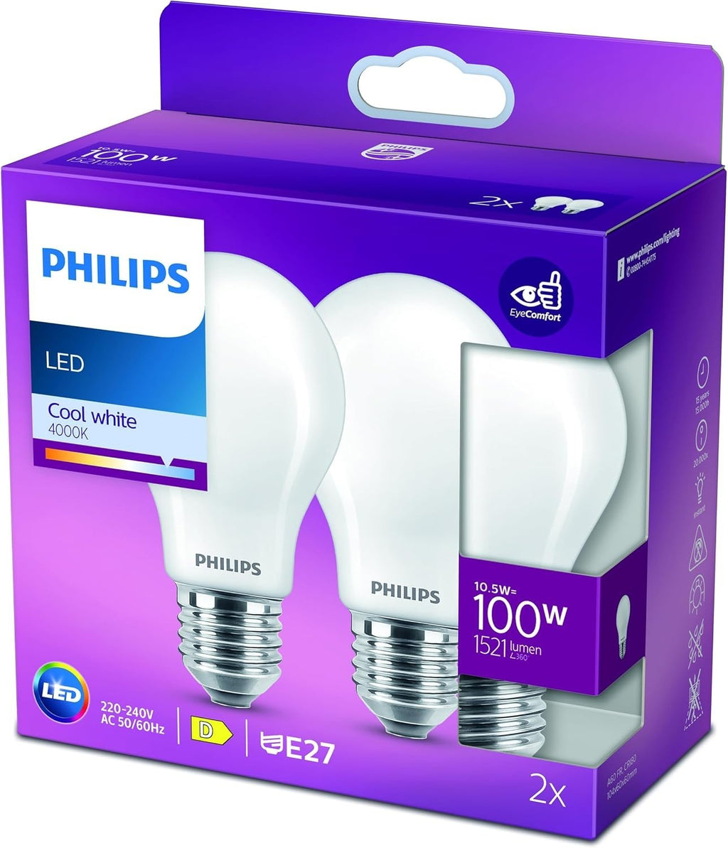 Philips LED Classic A60 Frosted Light Bulb 2 Pack E27 Edison Screw 10.5-100W New