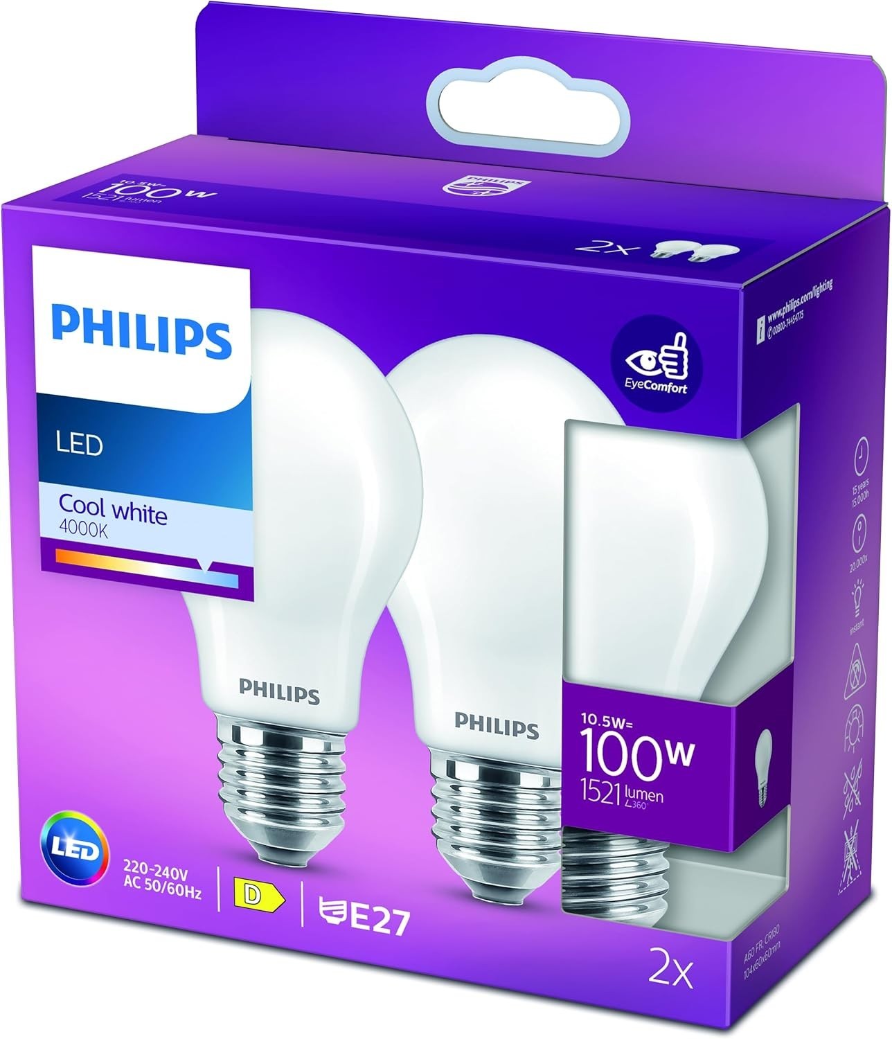 Philips LED Classic A60 Frosted Light Bulb 2 Pack E27 Edison Screw 10.5-100W New
