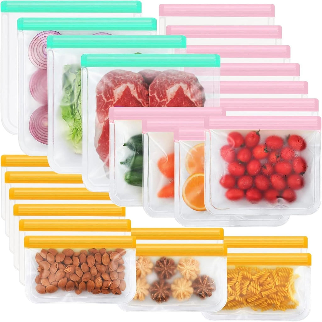 24 Pieces Food Grade Reusable Freezer Bags 4 Gallon 10 Sandwich & 10 Snack New