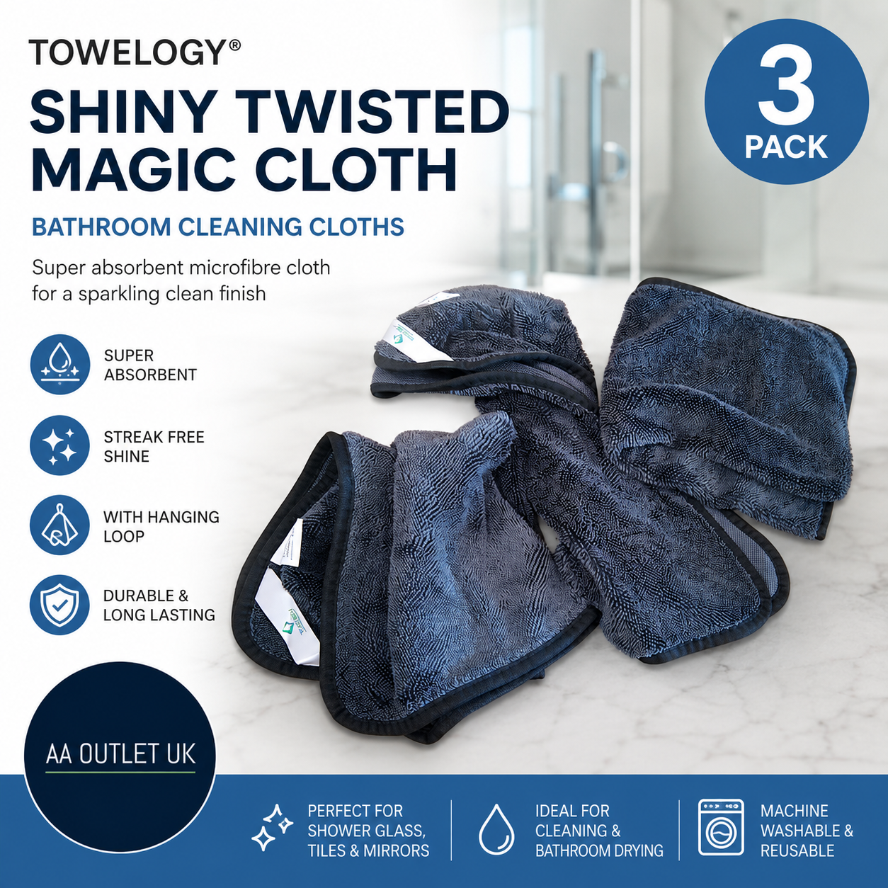 Towelogy Shiny Twisted Magic Cloth Bathroom Cleaning Shower Glass 40x40cm 3pc