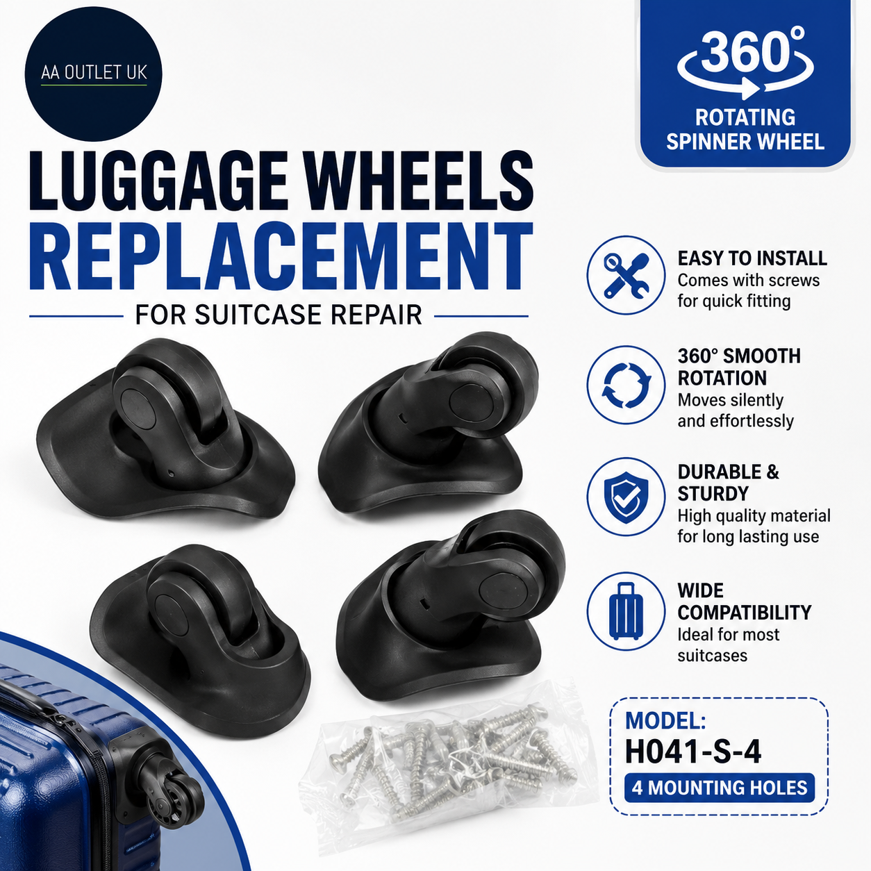Luggage Replacement Spinner Wheel Suitcase Repair H041S4 360° Rotating Black