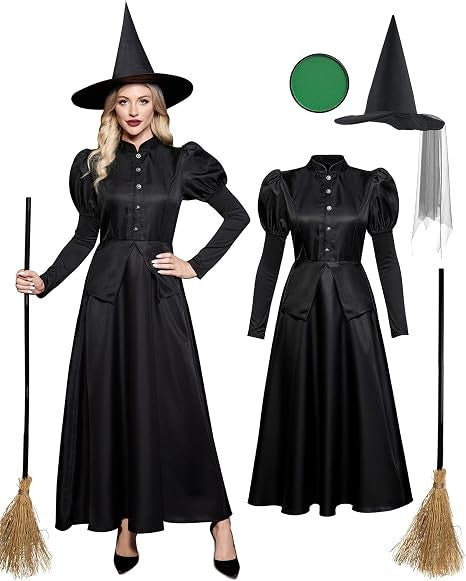Womens Halloween Elfaba Wicked Costume Long Sleeve Puff Sleeve Black Dress S New