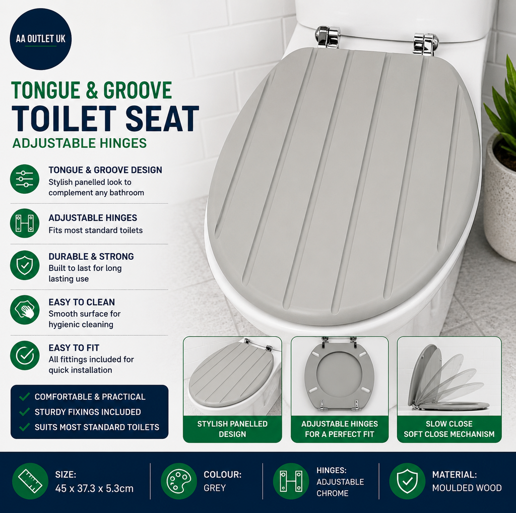 Home Tongue And Groove Style Toilet Seat Adjustable Hinges Grey